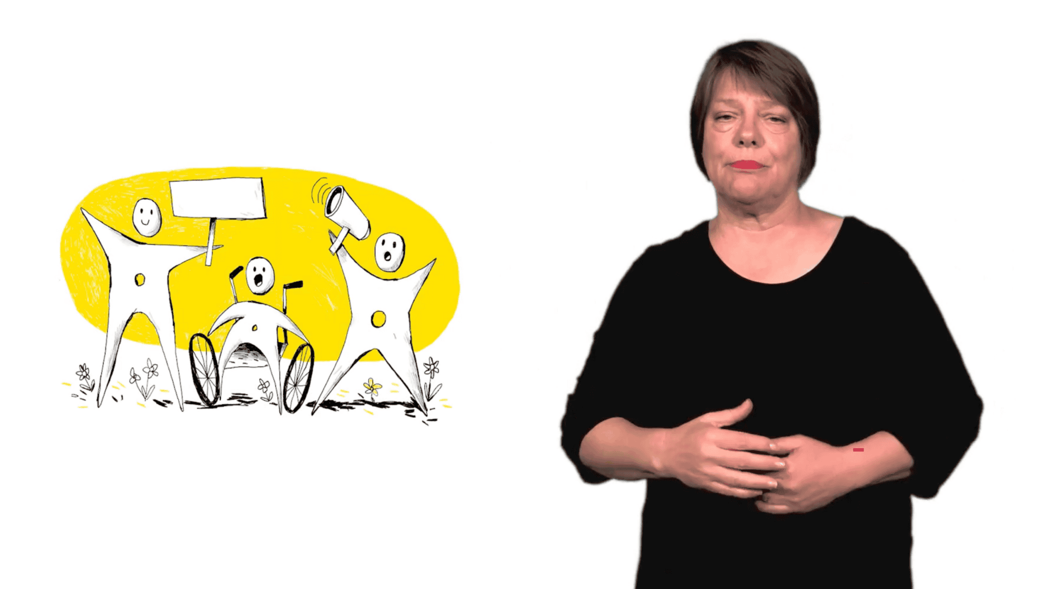 DGS Video Thumnail. Auf der linken Bildseite ist eine Illustration von drei Figuren, die demonstrieren. Eine stehende Person, links, hält ein Schild. Eine Person sitzt in der Mitte im Rollstuhl und hat einen geöffneten Mund. Die dritte Person, ganz rechts, hält ein Megafon. Auf der rechten Bildseite ist ein Foto einer Frau, sie trägt ein schwarzes Oberteil und hat kinnlange Haare. Sie ist die DGS Übersetzerin.